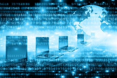 En iyi Internet kavramı küresel iş. Küre, teknolojik arka plan üstünde laptop. Elektronik, Wi-Fi, ışınları, simge Internet, televizyon iletişim