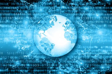 Global iş dünyasının en iyi internet kavramı. Küre, teknolojik arka planda parlayan çizgiler. Wi-Fi, ışınlar, semboller İnternet, 3 boyutlu illüstrasyon