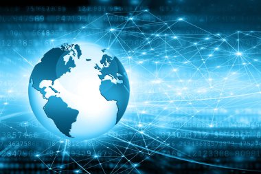 Global iş dünyasının en iyi internet kavramı. Küre, teknolojik arka planda parlayan çizgiler. Wi-Fi, ışınlar, semboller İnternet, 3 boyutlu illüstrasyon