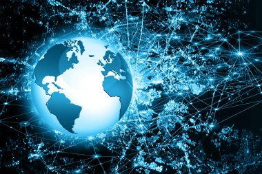 Global iş dünyasının en iyi internet kavramı. Küre, teknolojik arka planda parlayan çizgiler. Wi-Fi, ışınlar, semboller İnternet, 3 boyutlu illüstrasyon