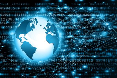 Global iş dünyasının en iyi internet kavramı. Küre, teknolojik arka planda parlayan çizgiler. Wi-Fi, ışınlar, semboller İnternet, 3 boyutlu illüstrasyon