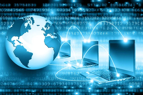 Лучший интернет-проект глобального бизнеса. Глобус, светящиеся линии на технологическом фоне. Wi-Fi, лучи, символы Интернет, 3D иллюстрация — стоковое фото