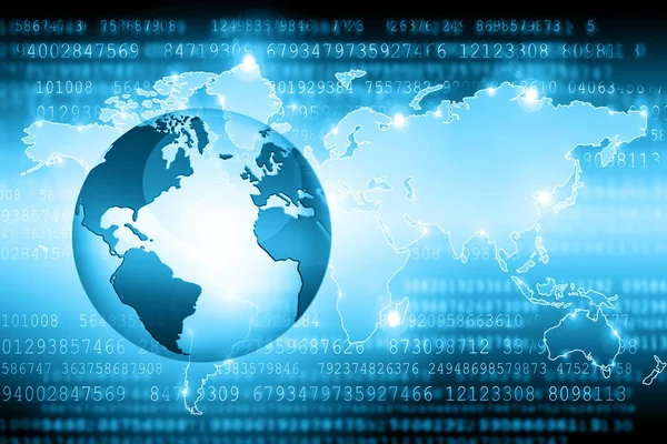Nejlepší internetová koncepce globálního podnikání. Globe, zářící čáry na technologickém pozadí. Wi-Fi, paprsky, symboly Internet, 3D ilustrace — Stock fotografie