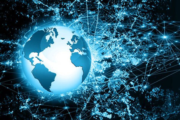 Лучший интернет-проект глобального бизнеса. Глобус, светящиеся линии на технологическом фоне. Wi-Fi, лучи, символы Интернет, 3D иллюстрация
