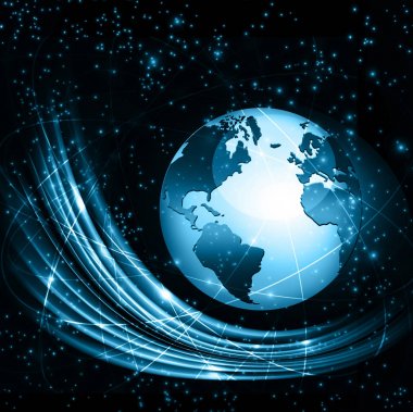 Global iş dünyasının en iyi internet kavramı. Küre, teknolojik arka planda parlayan çizgiler. Wi-Fi, ışınlar, semboller İnternet, 3 boyutlu illüstrasyon