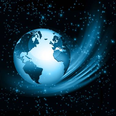 Global iş dünyasının en iyi internet kavramı. Küre, teknolojik arka planda parlayan çizgiler. Wi-Fi, ışınlar, semboller İnternet, 3 boyutlu illüstrasyon