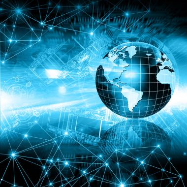 Global iş dünyasının en iyi internet kavramı. Küre, teknolojik arka planda parlayan çizgiler. Wi-Fi, ışınlar, semboller İnternet, 3 boyutlu illüstrasyon