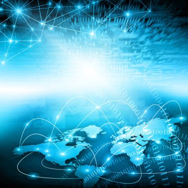 Dünya Haritası üzerinde teknolojik bir arka plan, parlak çizgiler semboller Internet, radyo, televizyon, telefon ve uydu iletişim.