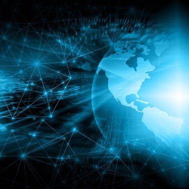 Global iş dünyasının en iyi internet kavramı. Küre, teknolojik arka planda parlayan çizgiler. Wi-Fi, ışınlar, semboller İnternet, 3 boyutlu illüstrasyon