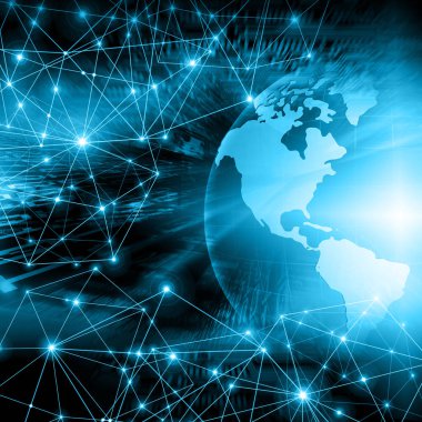 Global iş dünyasının en iyi internet kavramı. Küre, teknolojik arka planda parlayan çizgiler. Wi-Fi, ışınlar, semboller İnternet, 3 boyutlu illüstrasyon