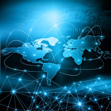 Dünya Haritası üzerinde teknolojik bir arka plan, parlak çizgiler semboller Internet, radyo, televizyon, telefon ve uydu iletişim.