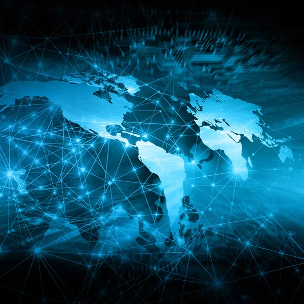 Mapa del mundo sobre un fondo tecnológico, líneas luminosas símbolos de Internet, radio, televisión, comunicaciones móviles y por satélite . — Foto de Stock