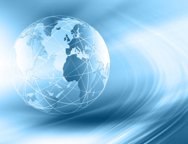 Global iş dünyasının en iyi internet kavramı. Küre, teknolojik arka planda parlayan çizgiler. Wi-Fi, ışınlar, semboller İnternet, 3 boyutlu illüstrasyon
