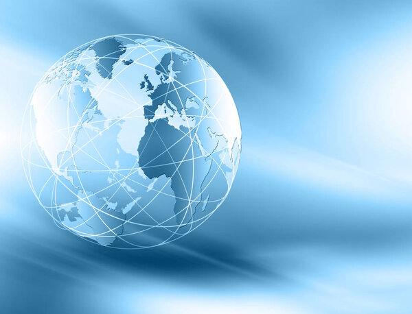 Лучший интернет-проект глобального бизнеса. Глобус, светящиеся линии на технологическом фоне. Wi-Fi, лучи, символы Интернет, 3D иллюстрация
