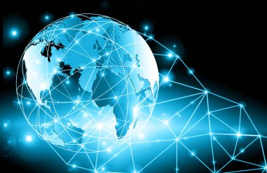 Global iş dünyasının en iyi internet kavramı. Küre, teknolojik arka planda parlayan çizgiler. Wi-Fi, ışınlar, semboller İnternet, 3 boyutlu illüstrasyon