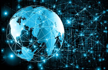 Global iş dünyasının en iyi internet kavramı. Küre, teknolojik arka planda parlayan çizgiler. Wi-Fi, ışınlar, semboller İnternet, 3 boyutlu illüstrasyon