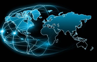 Dünya Haritası üzerinde teknolojik bir arka plan, parlak çizgiler semboller Internet, radyo, televizyon, telefon ve uydu iletişim.