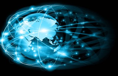Global iş dünyasının en iyi internet kavramı. Küre, teknolojik arka planda parlayan çizgiler. Wi-Fi, ışınlar, semboller İnternet, 3 boyutlu illüstrasyon