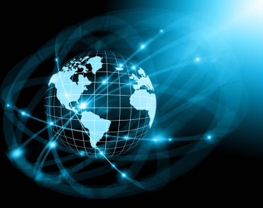 Global iş dünyasının en iyi internet kavramı. Küre, teknolojik arka planda parlayan çizgiler. Wi-Fi, ışınlar, semboller İnternet, 3 boyutlu illüstrasyon