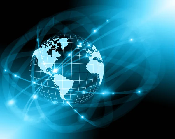 Miglior concetto Internet di business globale. Globe, linee luminose su sfondo tecnologico. Wi-Fi, raggi, simboli Internet, illustrazione 3D — Foto Stock