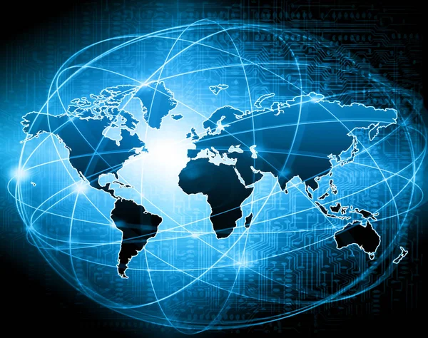 Carte du monde sur un fond technologique, lignes lumineuses symboles de l'Internet, radio, télévision, communications mobiles et par satellite . — Photo