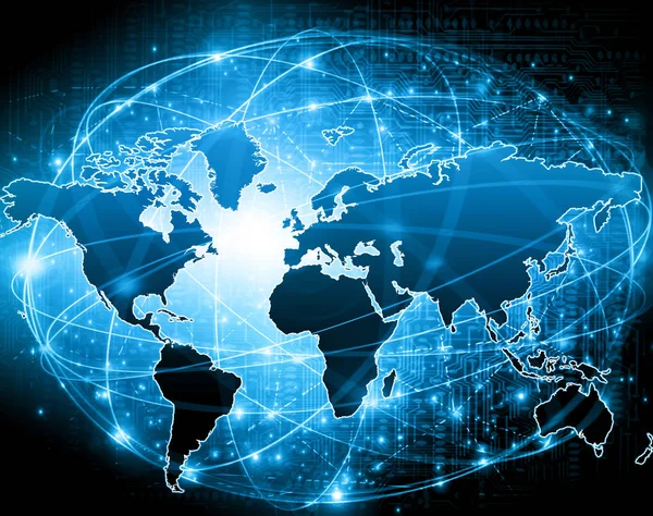 Weltkarte auf technologischem Hintergrund, leuchtende Linien Symbole des Internets, Radio, Fernsehen, Mobilfunk und Satellitenkommunikation. — Stockfoto