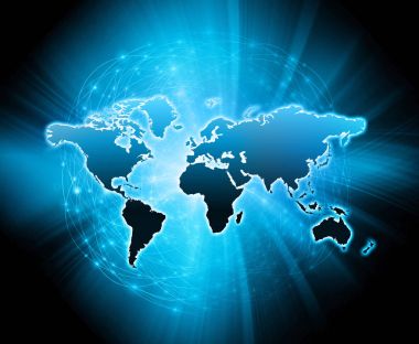 Dünya Haritası üzerinde teknolojik bir arka plan, parlak çizgiler semboller Internet, radyo, televizyon, telefon ve uydu iletişim.