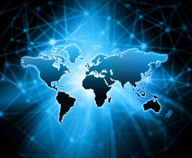 Dünya Haritası üzerinde teknolojik bir arka plan, parlak çizgiler semboller Internet, radyo, televizyon, telefon ve uydu iletişim.