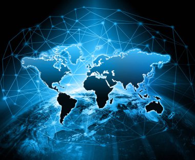 Dünyadan Uzaya. Kavram serisinden küresel iş dünyasının en iyi internet kavramı. Bu görüntünün elementleri NASA tarafından döşenmiştir. 3B illüstrasyon