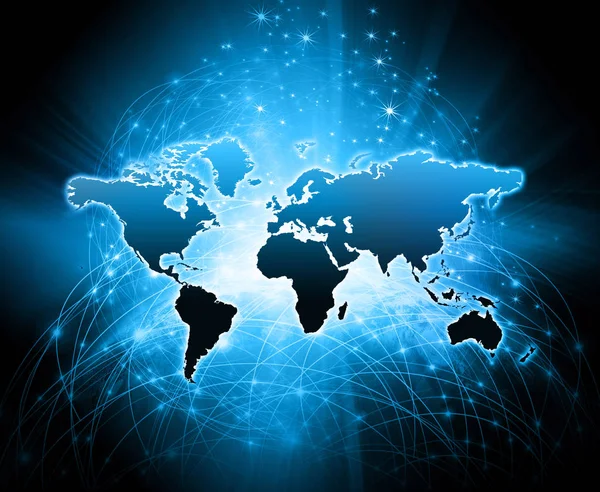 Mapa del mundo sobre un fondo tecnológico, líneas luminosas símbolos de Internet, radio, televisión, comunicaciones móviles y por satélite . — Foto de Stock