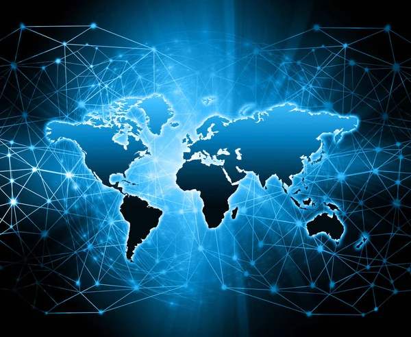 Mapa do mundo sobre um fundo tecnológico, linhas brilhantes símbolos da Internet, rádio, televisão, comunicações móveis e por satélite . — Fotografia de Stock