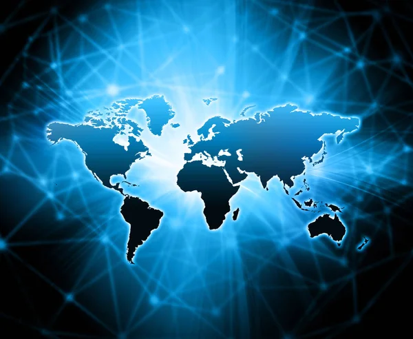 Mapa del mundo sobre un fondo tecnológico, líneas luminosas símbolos de Internet, radio, televisión, comunicaciones móviles y por satélite . — Foto de Stock