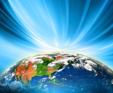 Dünyadan Uzaya. Kavram serisinden küresel iş dünyasının en iyi internet kavramı. Bu görüntünün elementleri NASA tarafından döşenmiştir. 3B illüstrasyon