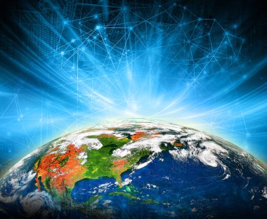 Dünyadan Uzaya. Kavram serisinden küresel iş dünyasının en iyi internet kavramı. Bu görüntünün elementleri NASA tarafından döşenmiştir. 3B illüstrasyon