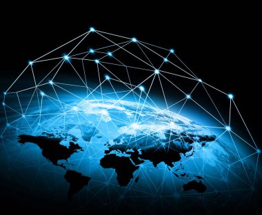 Dünyadan Uzaya. Kavram serisinden küresel iş dünyasının en iyi internet kavramı. Bu görüntünün elementleri NASA tarafından döşenmiştir. 3B illüstrasyon