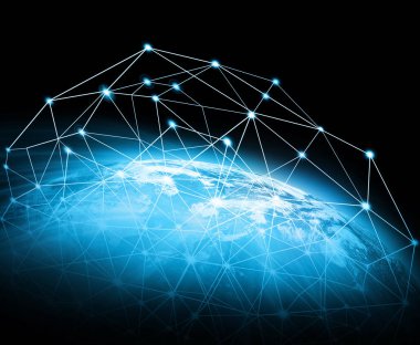 Dünyadan Uzaya. Kavram serisinden küresel iş dünyasının en iyi internet kavramı. Bu görüntünün elementleri NASA tarafından döşenmiştir. 3B illüstrasyon