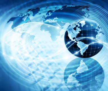 Global iş dünyasının en iyi internet kavramı. Küre, teknolojik arka planda parlayan çizgiler. Wi-Fi, ışınlar, semboller İnternet, 3 boyutlu illüstrasyon