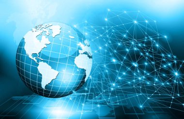 Global iş dünyasının en iyi internet kavramı. Küre, teknolojik arka planda parlayan çizgiler. Wi-Fi, ışınlar, semboller İnternet, 3 boyutlu illüstrasyon
