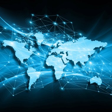 Dünya Haritası üzerinde teknolojik bir arka plan, parlak çizgiler semboller Internet, radyo, televizyon, telefon ve uydu iletişim.