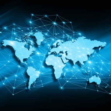 Dünya Haritası üzerinde teknolojik bir arka plan, parlak çizgiler semboller Internet, radyo, televizyon, telefon ve uydu iletişim.