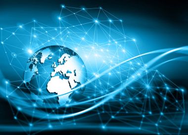 Global iş dünyasının en iyi internet kavramı. Küre, teknolojik arka planda parlayan çizgiler. Wi-Fi, ışınlar, semboller İnternet, 3 boyutlu illüstrasyon