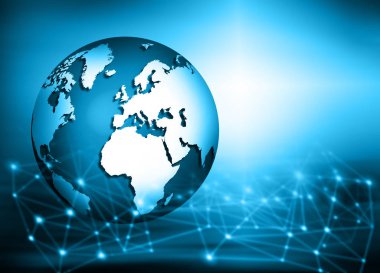 Global iş dünyasının en iyi internet kavramı. Küre, teknolojik arka planda parlayan çizgiler. Wi-Fi, ışınlar, semboller İnternet, 3 boyutlu illüstrasyon