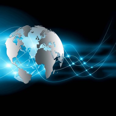 Global iş dünyasının en iyi internet kavramı. Küre, teknolojik arka planda parlayan çizgiler. Wi-Fi, ışınlar, semboller İnternet, 3 boyutlu illüstrasyon