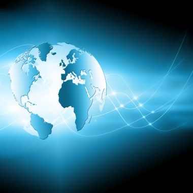 Global iş dünyasının en iyi internet kavramı. Küre, teknolojik arka planda parlayan çizgiler. Wi-Fi, ışınlar, semboller İnternet, 3 boyutlu illüstrasyon