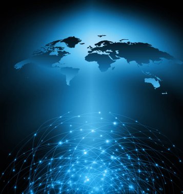 Dünya Haritası üzerinde teknolojik bir arka plan, parlak çizgiler semboller Internet, radyo, televizyon, telefon ve uydu iletişim.