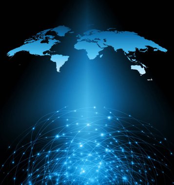 Dünya Haritası üzerinde teknolojik bir arka plan, parlak çizgiler semboller Internet, radyo, televizyon, telefon ve uydu iletişim.