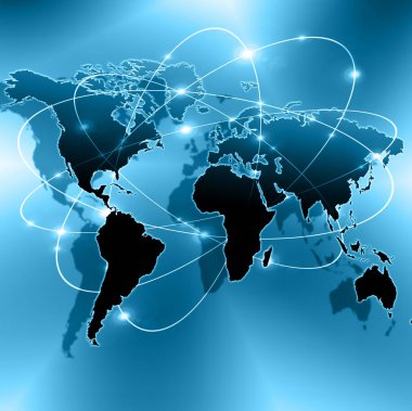 Dünya Haritası üzerinde teknolojik bir arka plan, parlak çizgiler semboller Internet, radyo, televizyon, telefon ve uydu iletişim.
