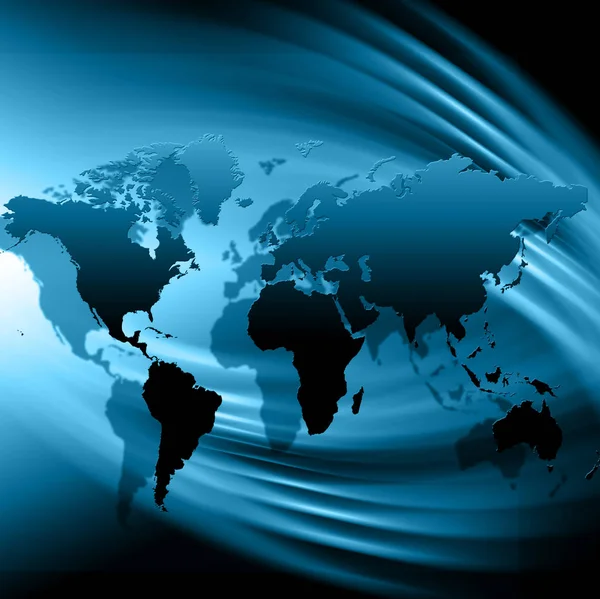 Mapa świata na zaplecze technologiczne, świecące linie symbole Internet, radio, telewizja, mobilnych i łączności satelitarnej. — Zdjęcie stockowe