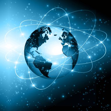 Global iş dünyasının en iyi internet kavramı. Küre, teknolojik arka planda parlayan çizgiler. Wi-Fi, ışınlar, semboller İnternet, 3 boyutlu illüstrasyon