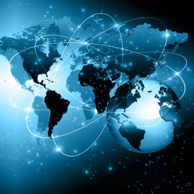 Global iş dünyasının en iyi internet kavramı. Küre, teknolojik arka planda parlayan çizgiler. Wi-Fi, ışınlar, semboller İnternet, 3 boyutlu illüstrasyon